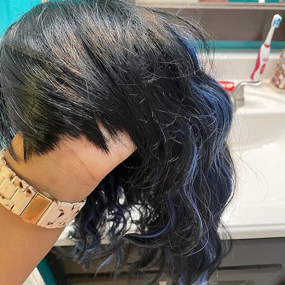 Women 14 Inches Black Mixed Blue Synthetic Short Curly Wigs with Bangs - Picture 15 of 15